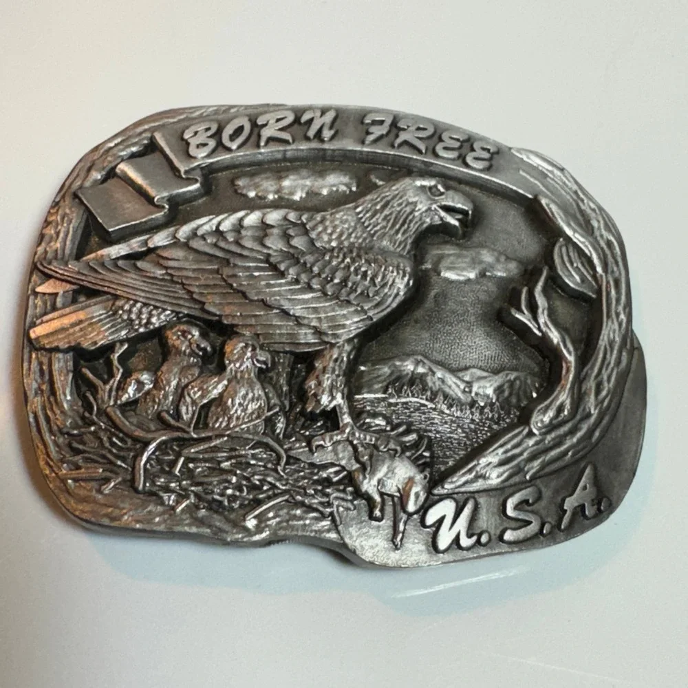 Vintage USA Made Eagle Nest Born Free Belt Buckle Pewter‎ Metal 1987